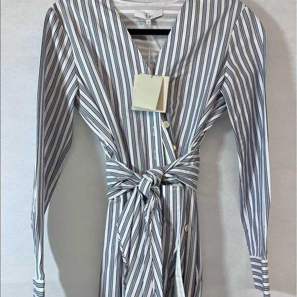 NEW NWT $475 Size 0 Womens Tibi Liam Striped Tie V-Neck Shirtdress in Blue Multi - Picture 5 of 7